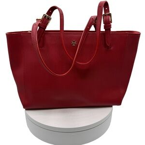Tory Burch Red Leather Tote Bag with Gold Accents